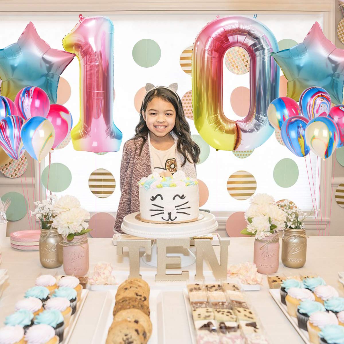 Rainbow 10Th Birthday Decorations For Girls Double Digits Birthday Party Decorations Banner Number 10 Balloon Star Balloons