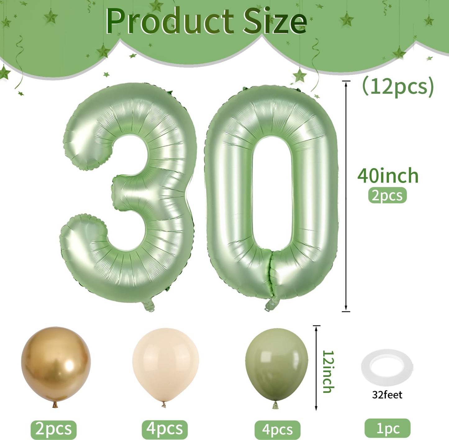 40 Inch Sage Green Number 30 Balloon, Olive Green 30Th Birthday Balloons, Retro Sand White Avocado Green Gold Latex Balloons Gia