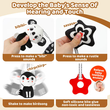 Fnqutoy Baby Stroller & Carseat Toys Hanging Black And White High Contrast Baby Toys For Newborn Plush Sensory Activity Toys Bab
