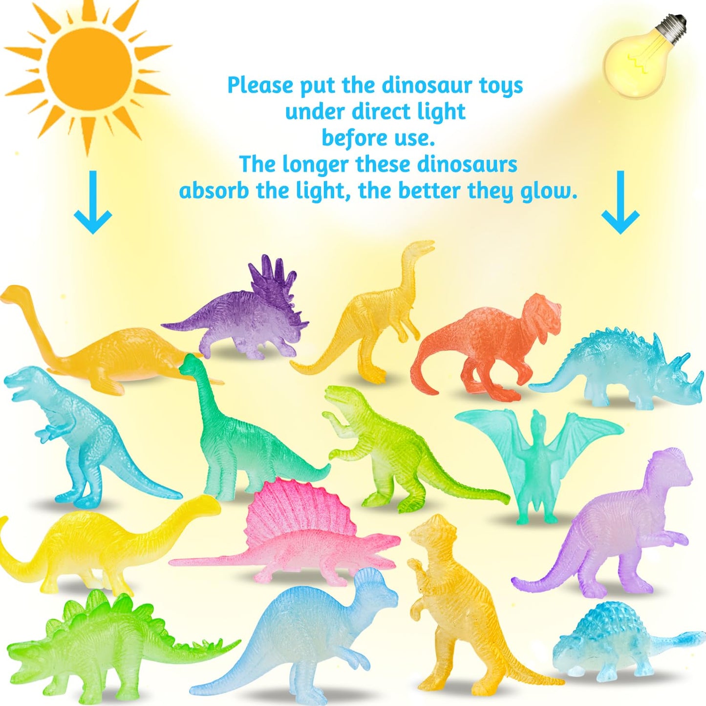 16Pcs Glow In Dark Mini Dinosaur Figures For Kids Birthday Party Favors Supplies Dino Cupcake Topper Goodie Gift Treat Bag Stuffers Pinata Fillers Treasure Box Carnival Prizes Small Bulk Toys Trinkets