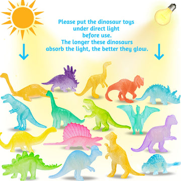 16Pcs Glow In Dark Mini Dinosaur Figures For Kids Birthday Party Favors Supplies Dino Cupcake Topper Goodie Gift Treat Bag Stuffers Pinata Fillers Treasure Box Carnival Prizes Small Bulk Toys Trinkets