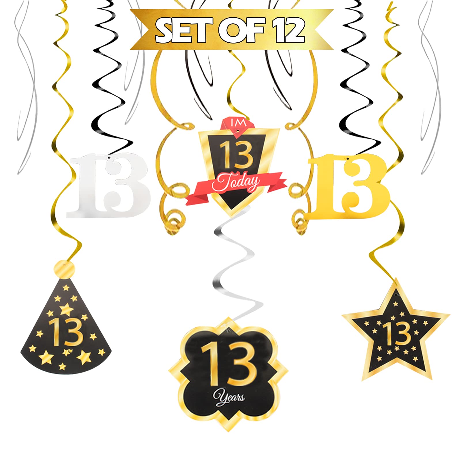 LINGTEER Happy 13th Birthday Decorations,13th Birthday Black with Gold Swirls Hanging Streamer Kit,Cheers to Thirteen Years Old 