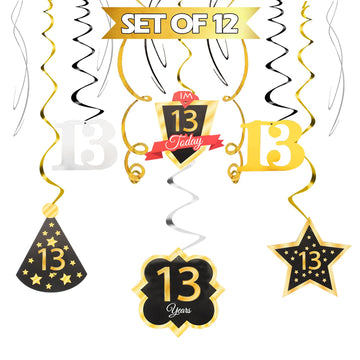 LINGTEER Happy 13th Birthday Decorations,13th Birthday Black with Gold Swirls Hanging Streamer Kit,Cheers to Thirteen Years Old 