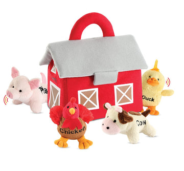Bundaloo Plush Farm Animal Toys With Sounds - Plushie Play Set With Cute Talking Barn Animals In A Barn Carrier