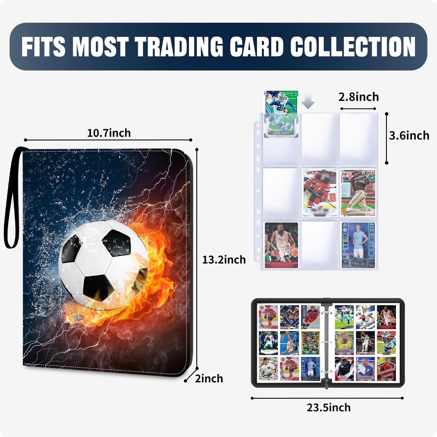 HESPLUS Trading Card Binder with Sleeve  900 Pockets Soccer Card Binder Sports Cards Storage Organizer for Football Baseball or Game Trading Cards with 50 Removable Sleeves Cards Collector Album