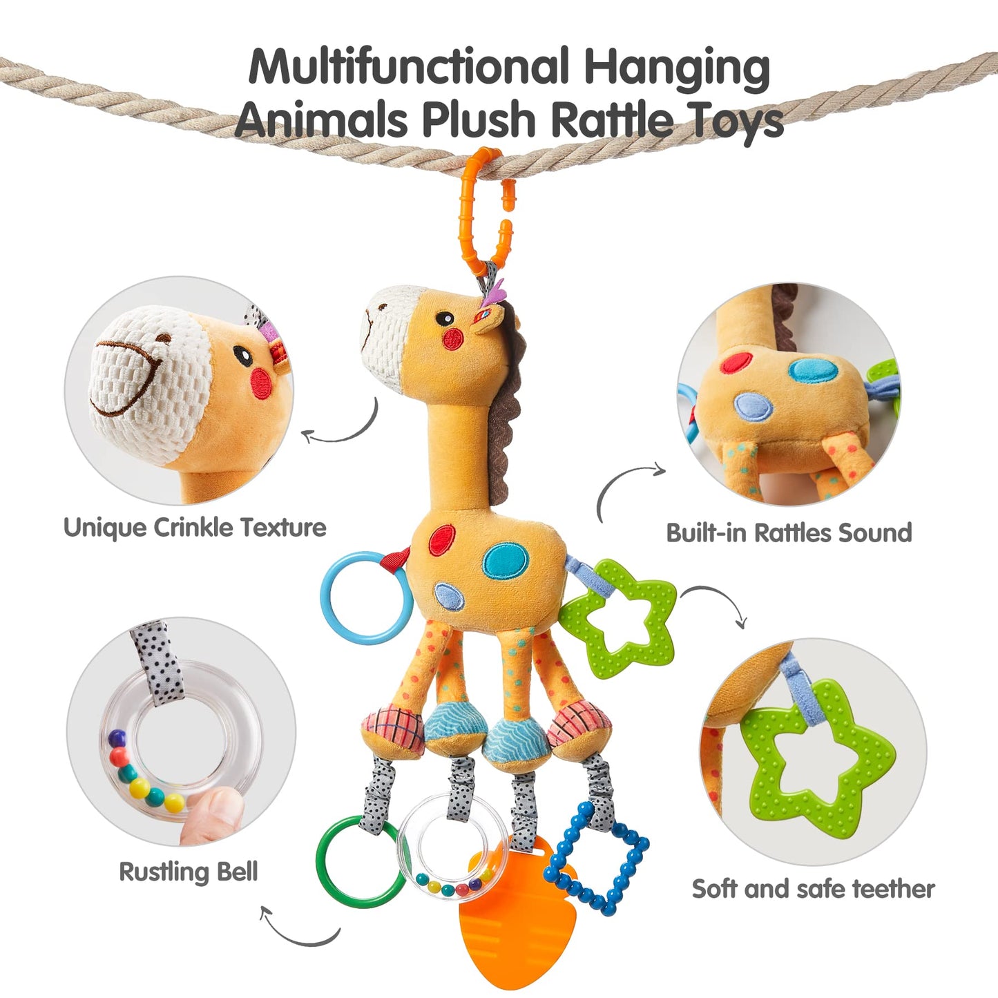 Tumama Baby Hanging Toys, Plush Animals Baby Rattle Crinkle Squeaky Toys Crib Toys Car Seat Stroller Mobile Toys, Baby Toys For 0 3 6 9 12 Months