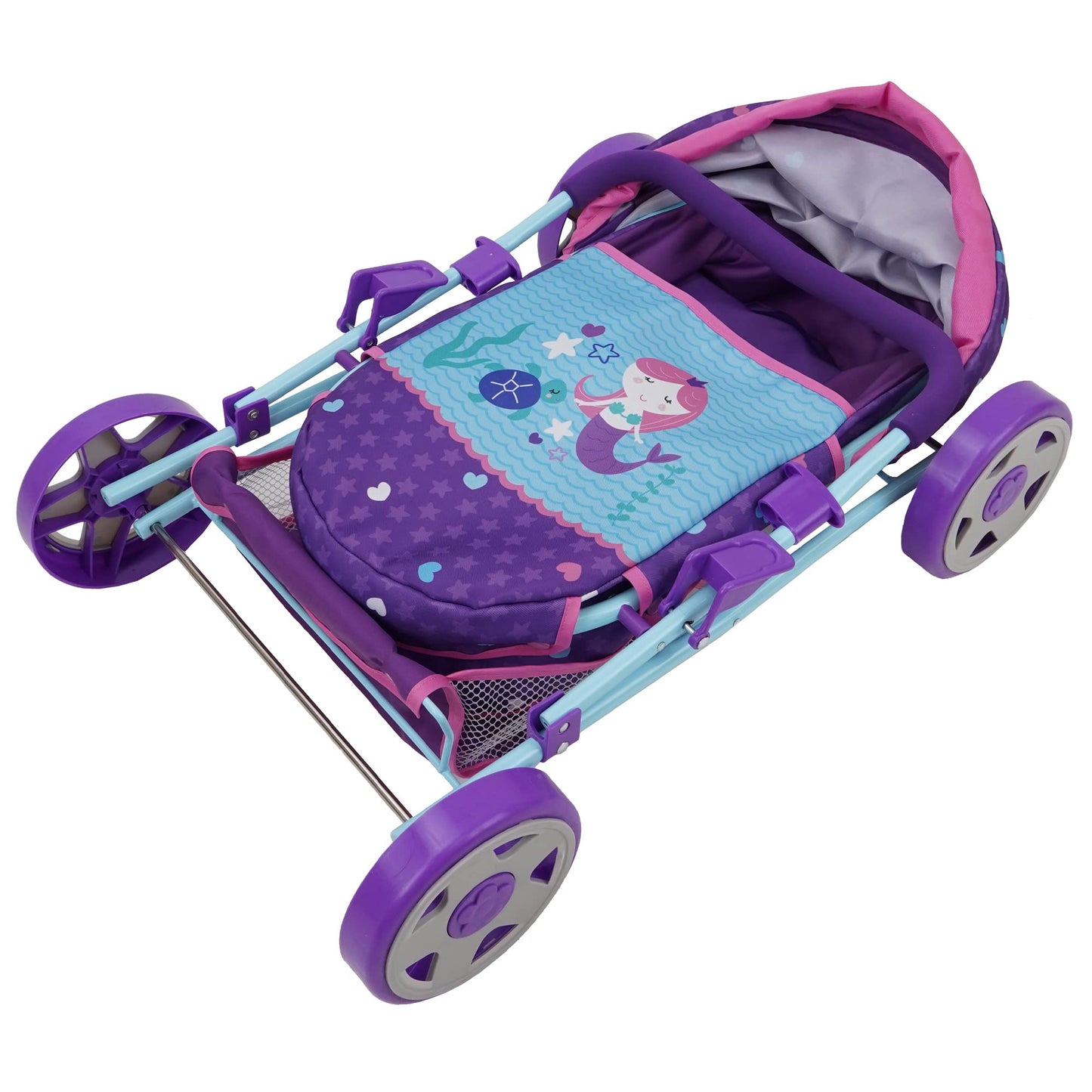 509 Crew: Mermaid Doll Pram - Kids Pretend Play, Retractable Large Canopy, Shopping Basket & Removable Carry Cot Bed, Ages 3+ (T