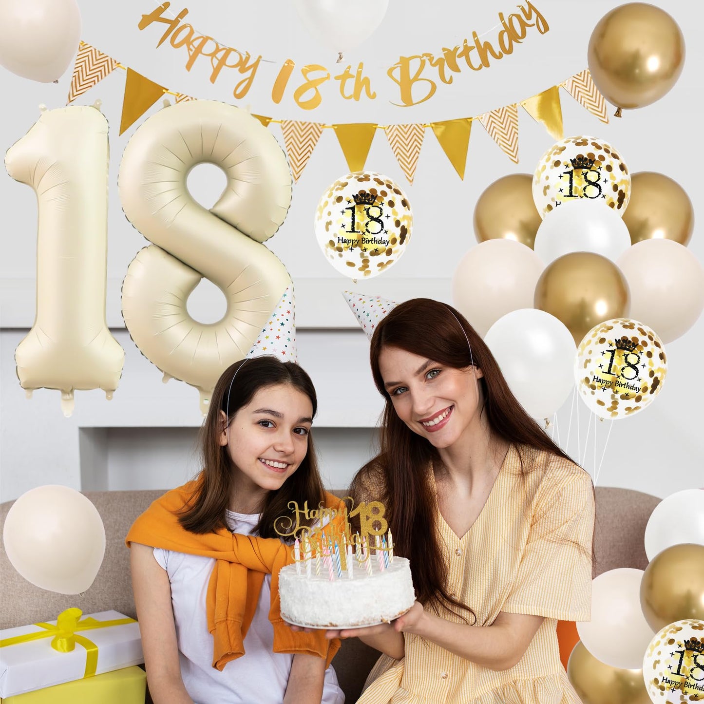 18Th Birthday Decorations Sand White Gold,18Th Birthday Balloons Beige Gold,Happy 18Th Birthday Banner With Cake Toppers Number