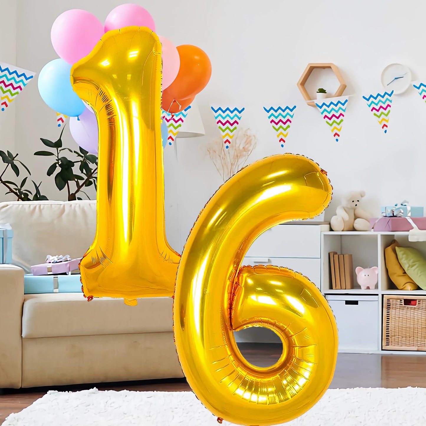 Large Gold 16 Balloon Number, 42 Inch 16Th Birthday Decorations, Foil Mylar Big Helium Numbers Balloons For Birthday Anniversary