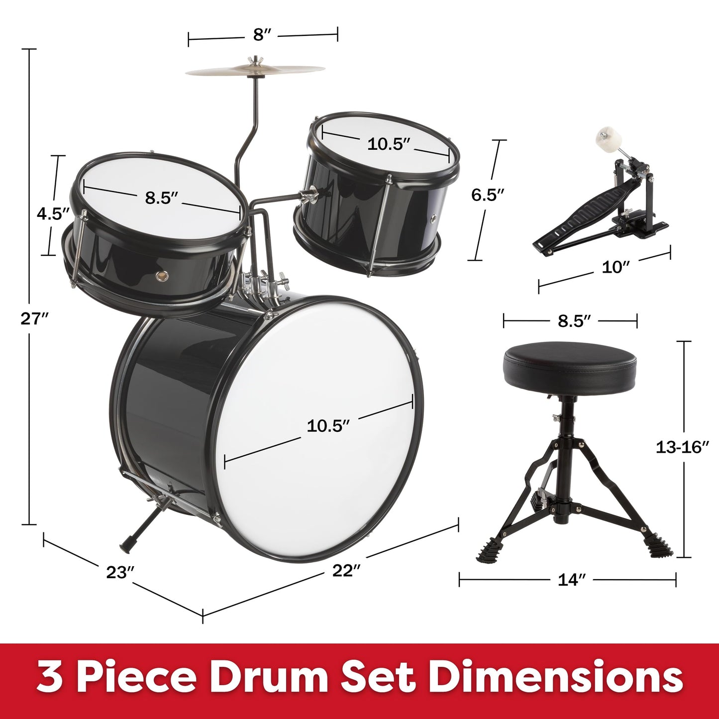 Kids Drum Set - 3-Piece Drum Kit With Cymbal, 2 Toms, Bass Drum And Pedal, Drumsticks, And Throne - Beginner Musical Instruments