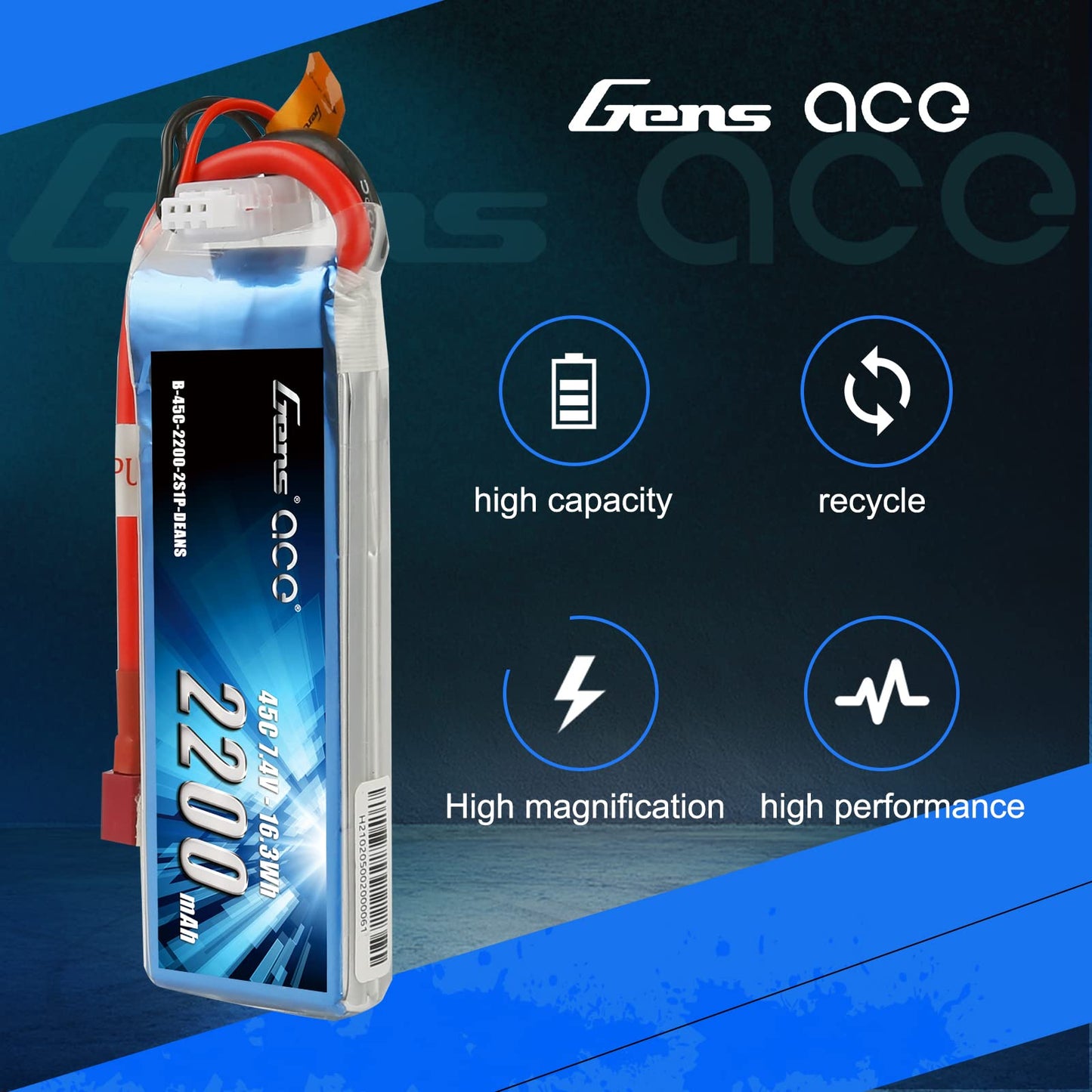 Gens ace 7.4V 2200mAh 2S 45C LiPo Battery Pack Deans Plug for 70MM EDF Rc Plane 450 Helicopter Rc Boat