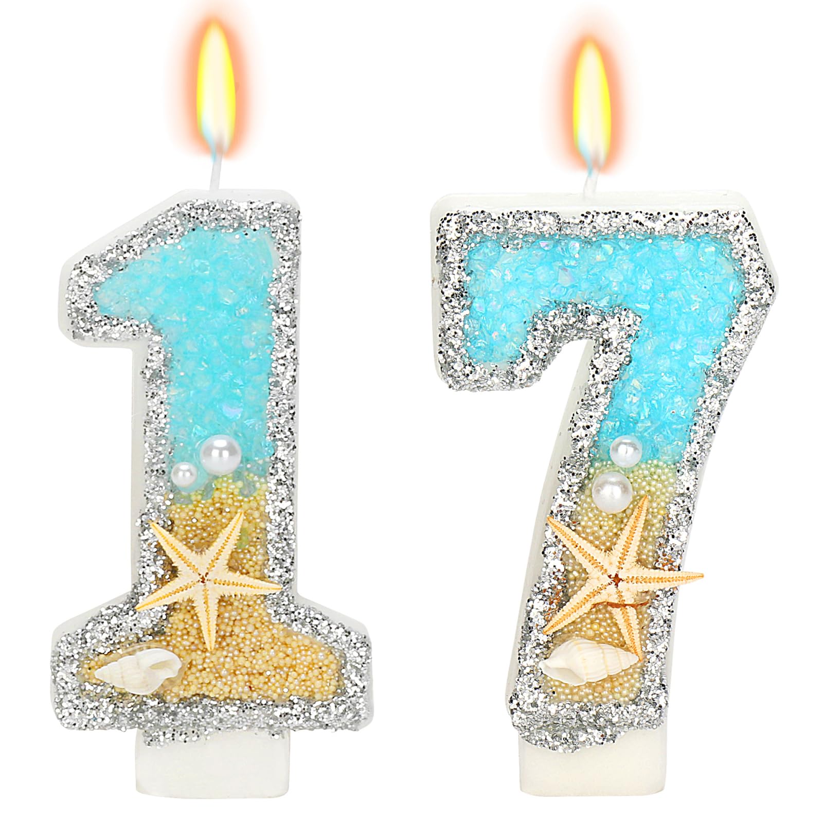 ElekFX 17th Birthday Candle for Cake, Beach Starfish Sequins Number Cake Candles, 2.76 inch Number 17 Happy Birthday Candle, Cak