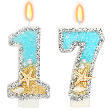 ElekFX 17th Birthday Candle for Cake, Beach Starfish Sequins Number Cake Candles, 2.76 inch Number 17 Happy Birthday Candle, Cak