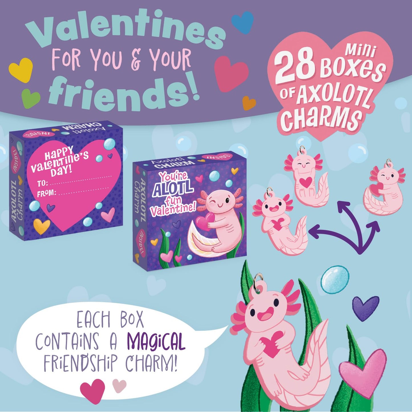 Peaceable Kingdom Valentines Cards for Kids Classroom, Set of 28 Valentines Day Gifts - Axolotl Friendship Charms