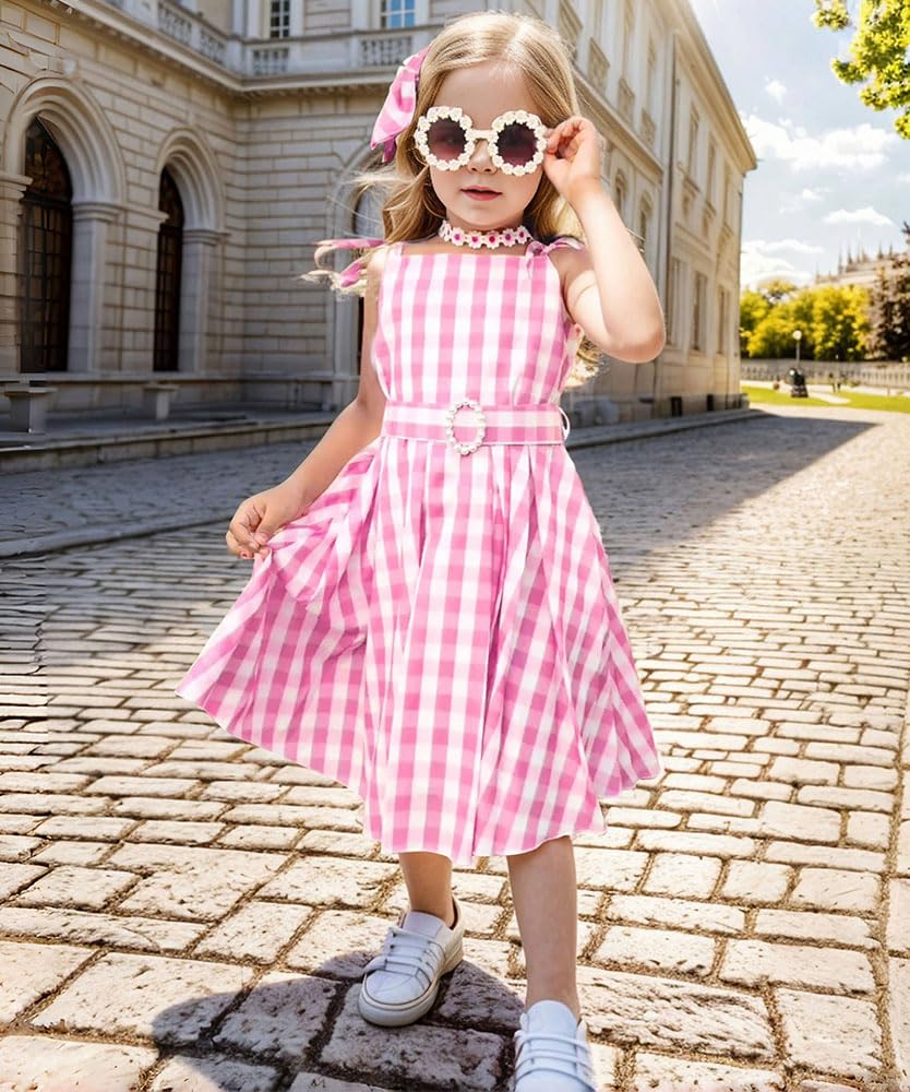 Btonai Girls Pink Costume for Kids Pink Plaid Dressgirls 70s80s Outfits Halloween Party 7-12Y