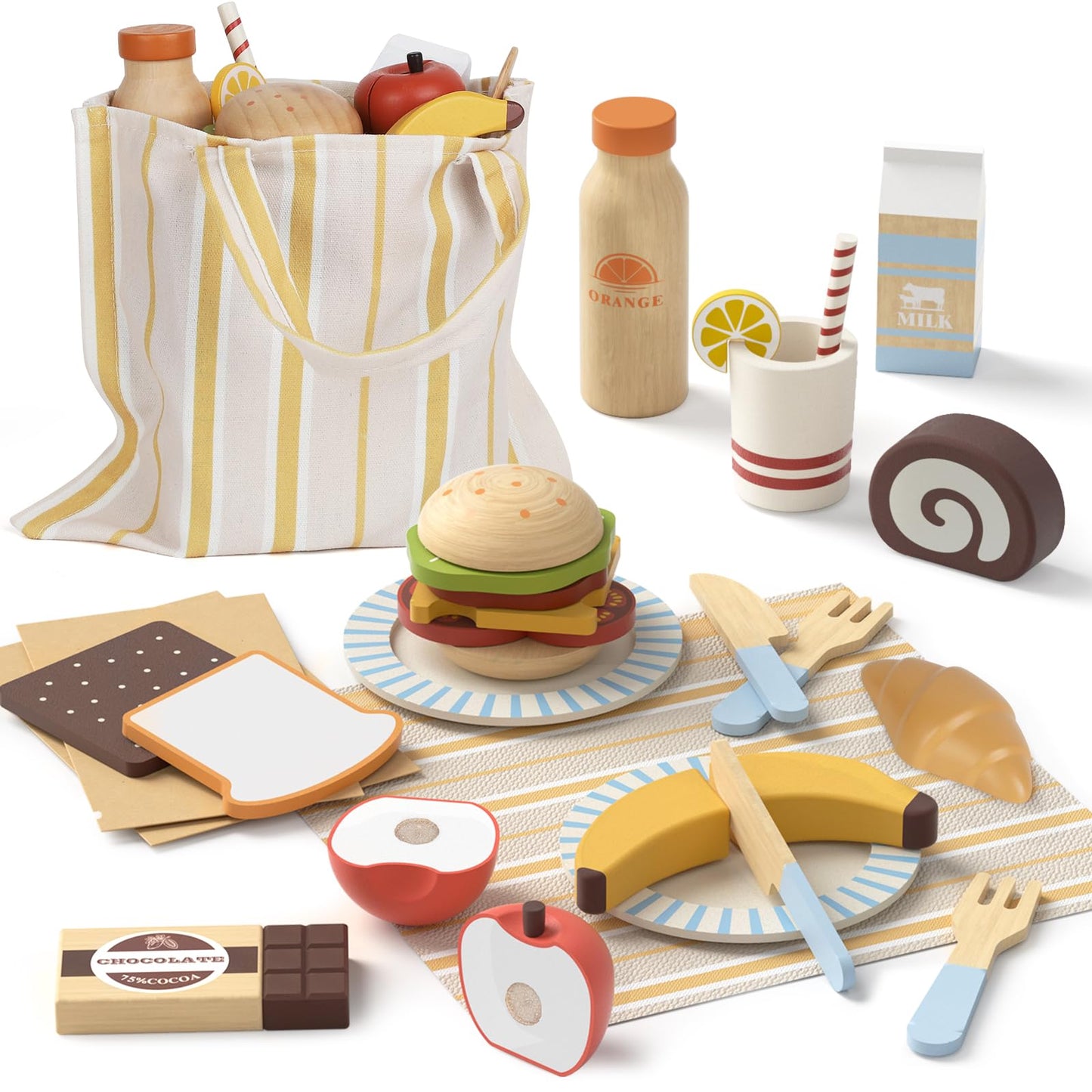 Lehoo Castle Play Food Sets for Kids Kitchen, Wooden Toys Food for Toddlers 1-3, Pretend Picnic Play Set, Cutting Food Toys, Gif