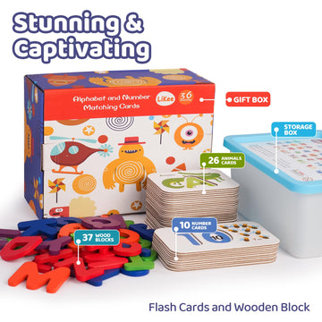 Likee Alphabet Number Flash Cards Wooden Letter Puzzle Abc Sight Words Match Games Counting Board Preschool Educational Montessori Toys For Toddlers Boys Girls 3+ Years (36 Cards& 37 Block)