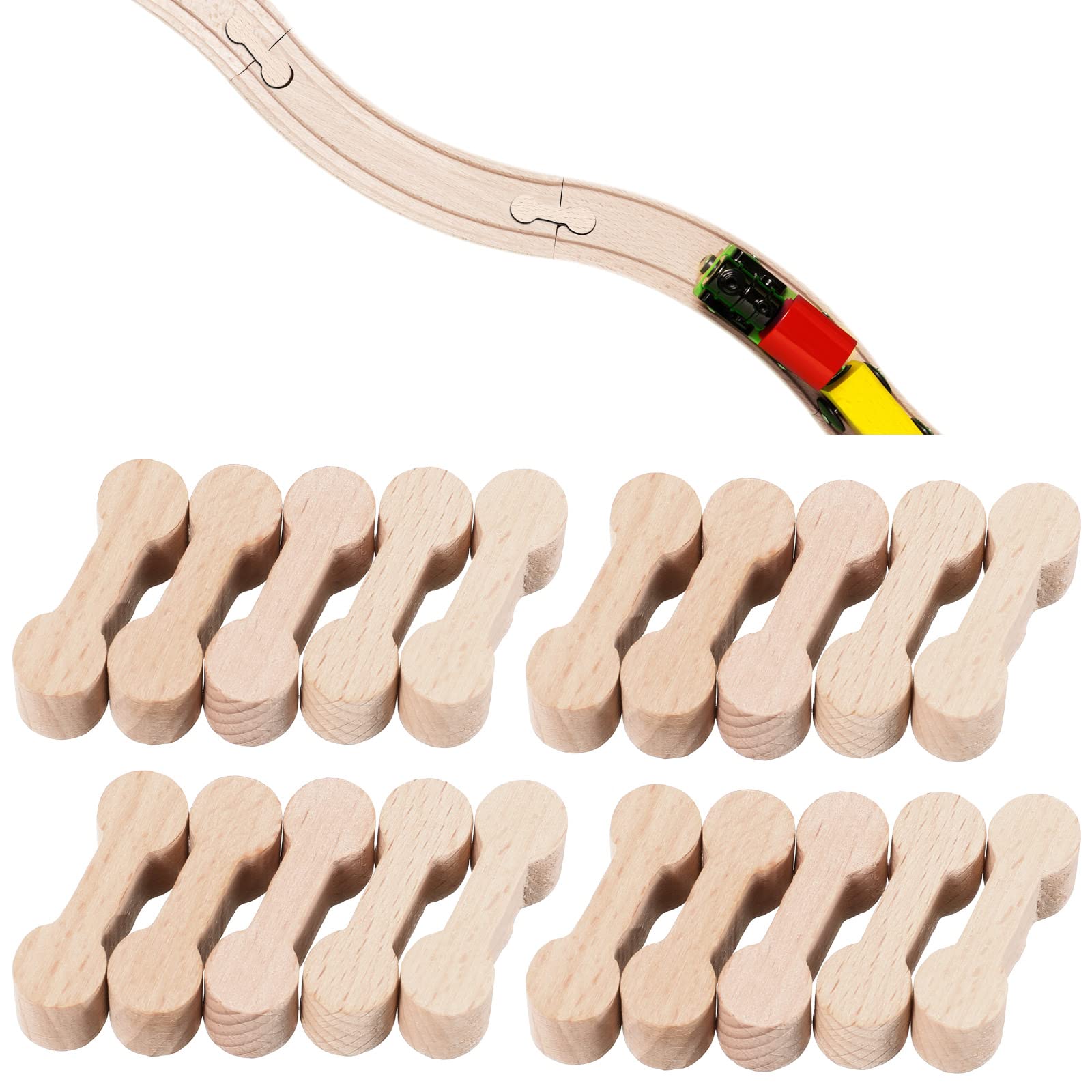 Hanaive 20 Pcs Wooden Dog Bone Track Connector Pack Accessories Wooden Train Track Adapter Connector Pieces Toy Train Set for Te