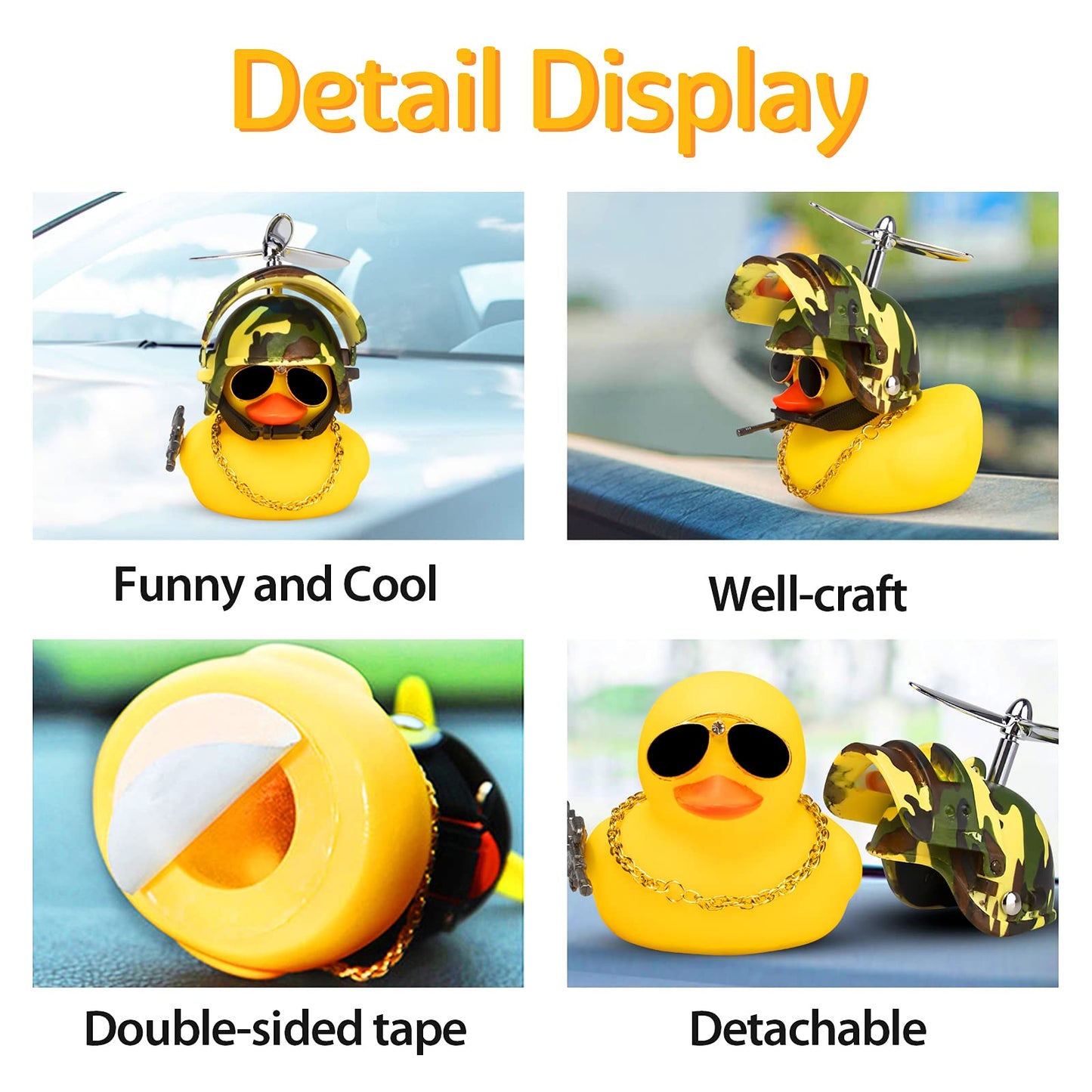 Wonuu Rubber Yellow Duck Car Ornaments Cool Duck Car Dashboard Decorations With Propeller Helmet Sunglasses (Mountaineering Camo