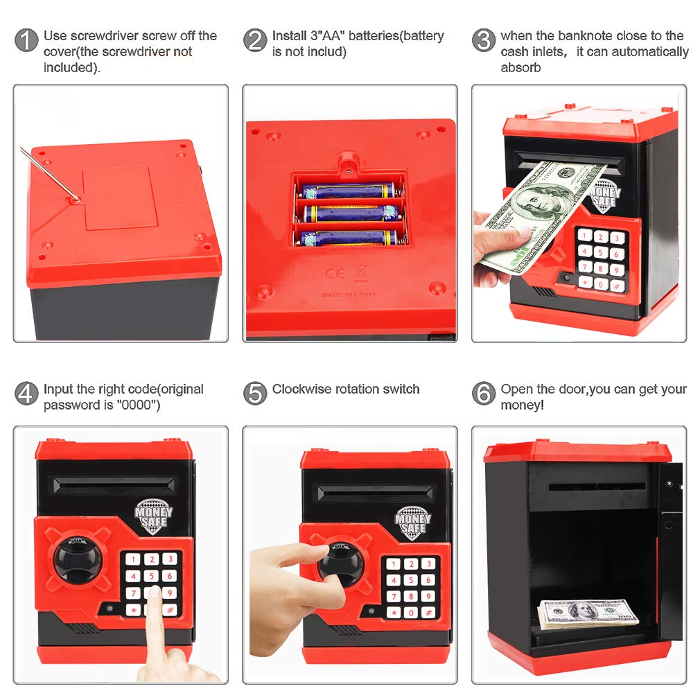 Setibre Piggy Bank, Electronic Atm Password Cash Coin Can Auto Scroll Paper Money Saving Box Toy Gift For Kids (Red)