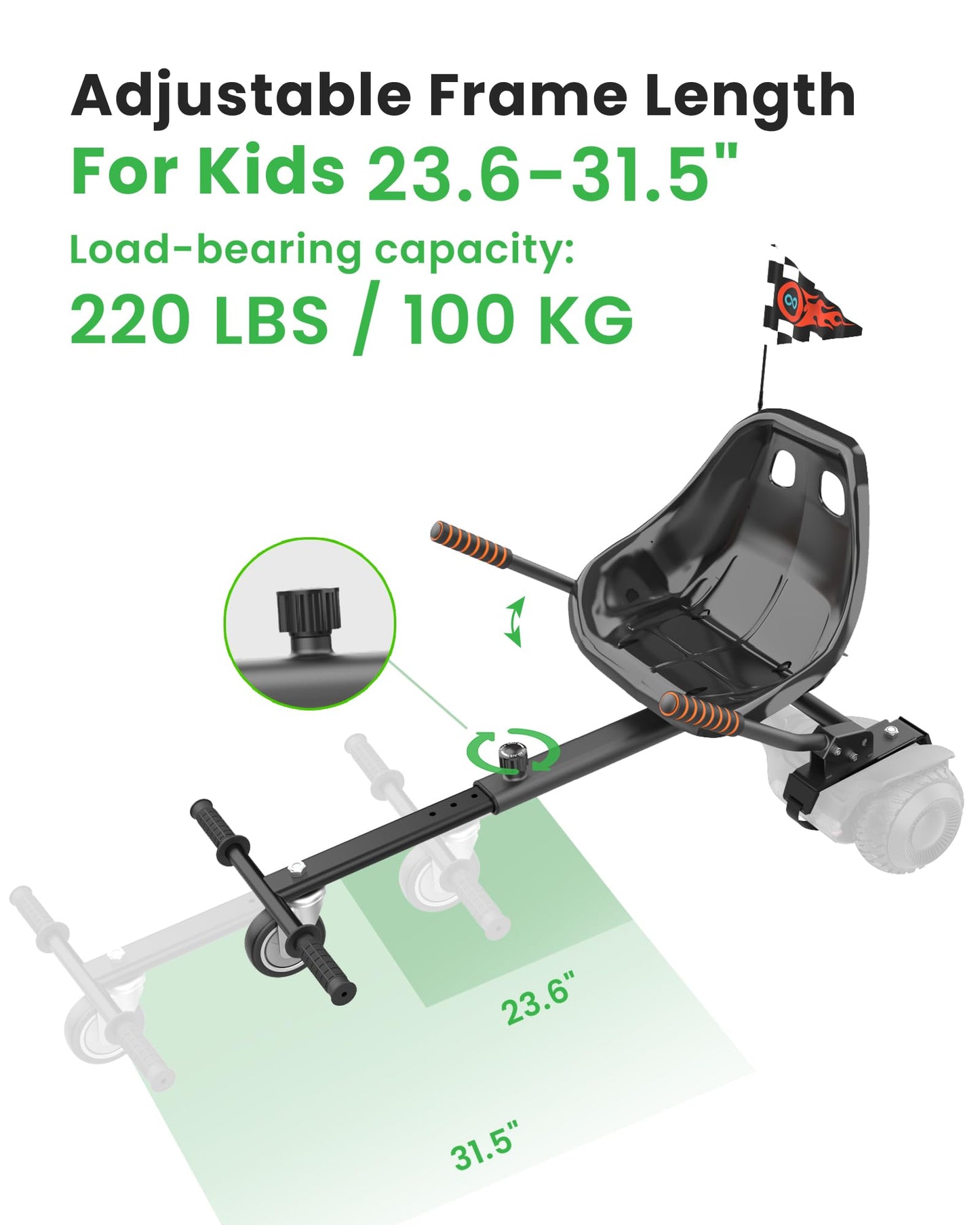 Awwscooter K1 Go-Kart Seat Attachment for 6.5"/8"/10" Scooters, Classic Black, Adjustable Frame, Easy Install