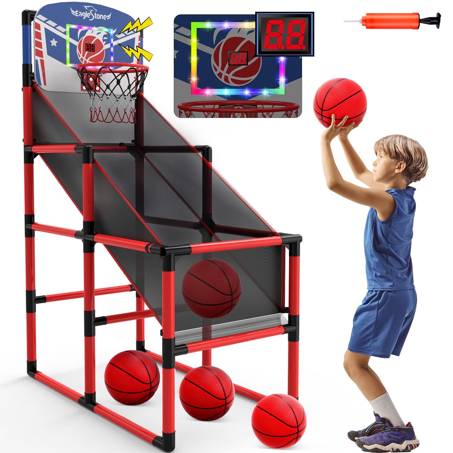 Eaglestone 63In Kids Arcade Basketball Hoop Indoor, Led Scoreboard Basketball Arcade Game Set For Outdoor With Cheer Sounds, Kids Basketball Toys For Boys Girls Age 3-5 5-7 4-8