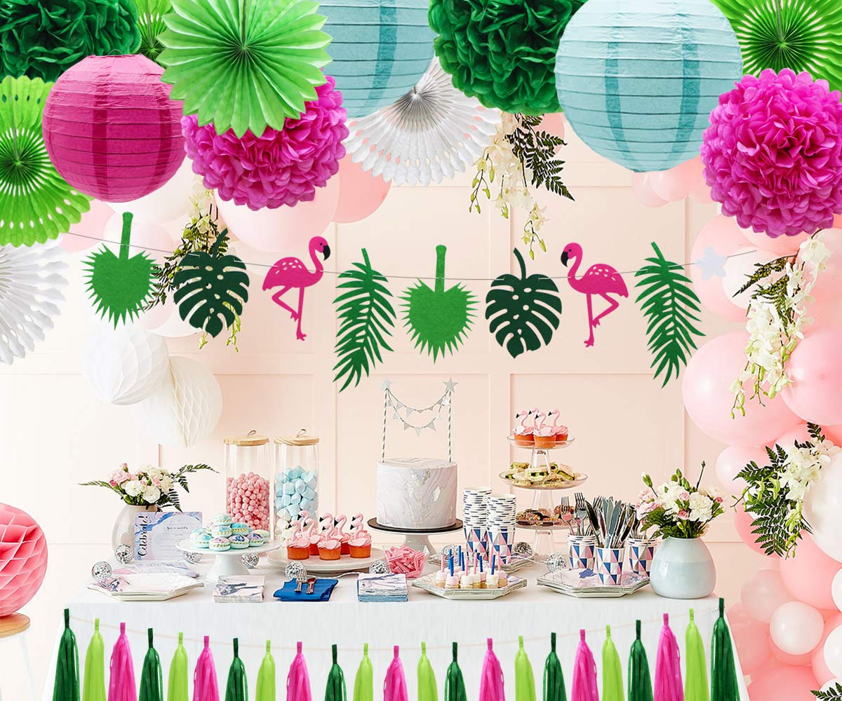 Adlkgg Tropical Flamingo Palm Leaf Banner Party Decorations, Hanging Paper Fans Paper Lanterns Pom Poms Flowers Tissue Tassels F