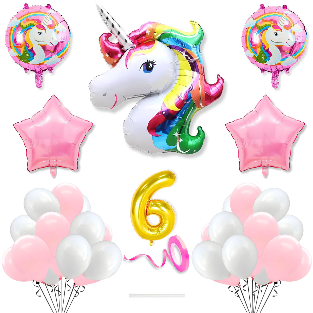 Flyloons 6Th Unicorn Theme Birthday Decoration Kit Pink White For 6 Year Old Baby Boys Girls Kids 5 Pcs Unicorn Theme 30 Pcs Pas