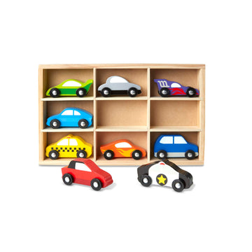 Melissa & Doug Wooden Cars Vehicle Set In Wooden Tray - 9 Pieces Toy Cars, Vehicle Toys For Toddlers And Kids Ages 3+