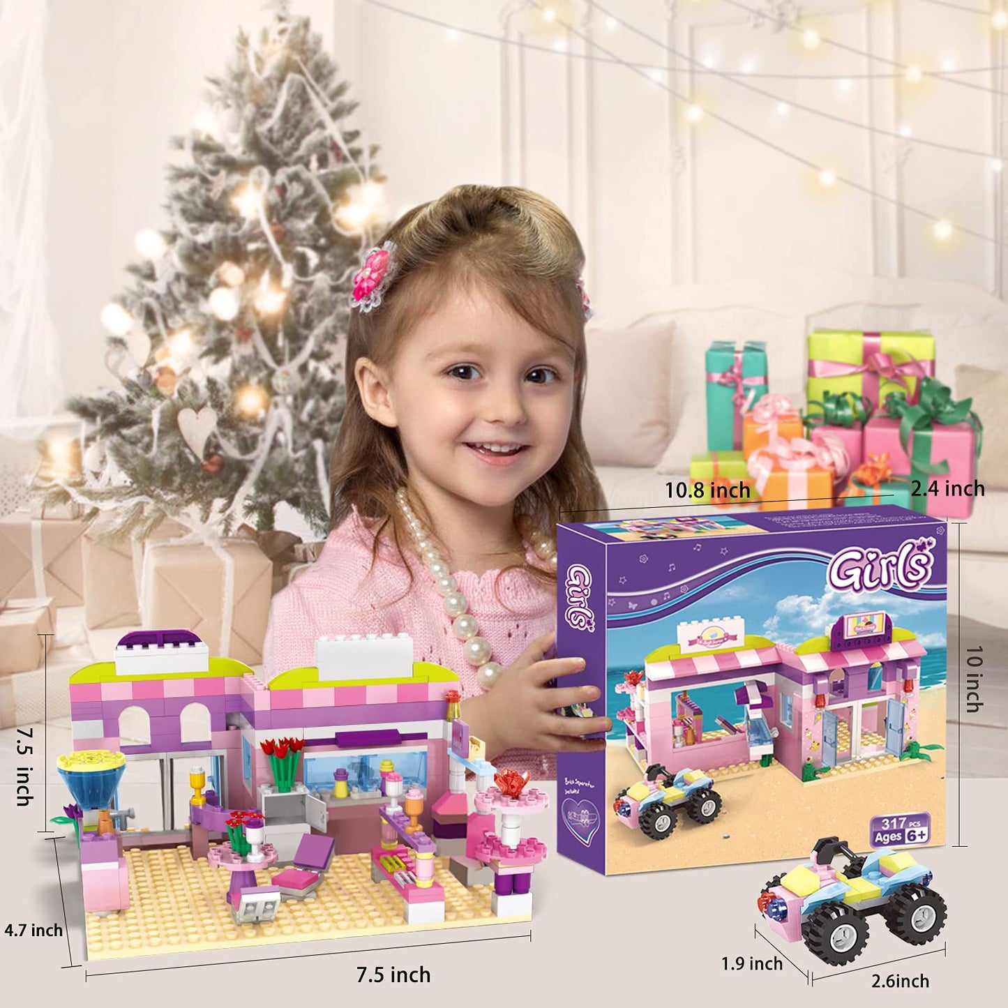 BRICK STORY Girls Friends Ice Cream Shop Building Set Pink Beach Ice Cream Dessert Store Building Blocks Toys with Beach Buggy Friends Beach Vacation Playset for Kids 6-12  317 Pieces