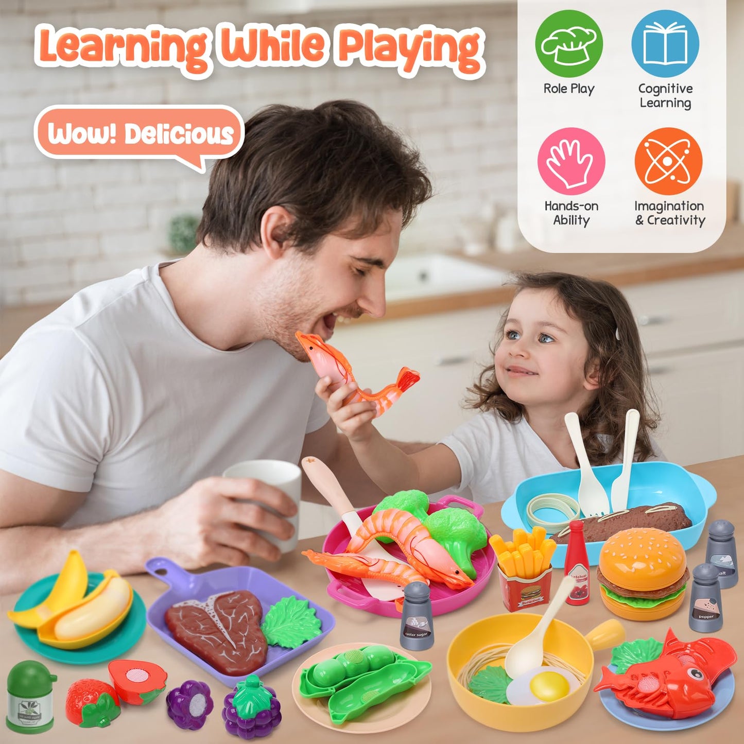 CUTE STONE Kids Play Kitchen Toy Accessories, Toddler Pretend Cooking Playset with Toys Cookware and Utensils, Toys Food for Cut