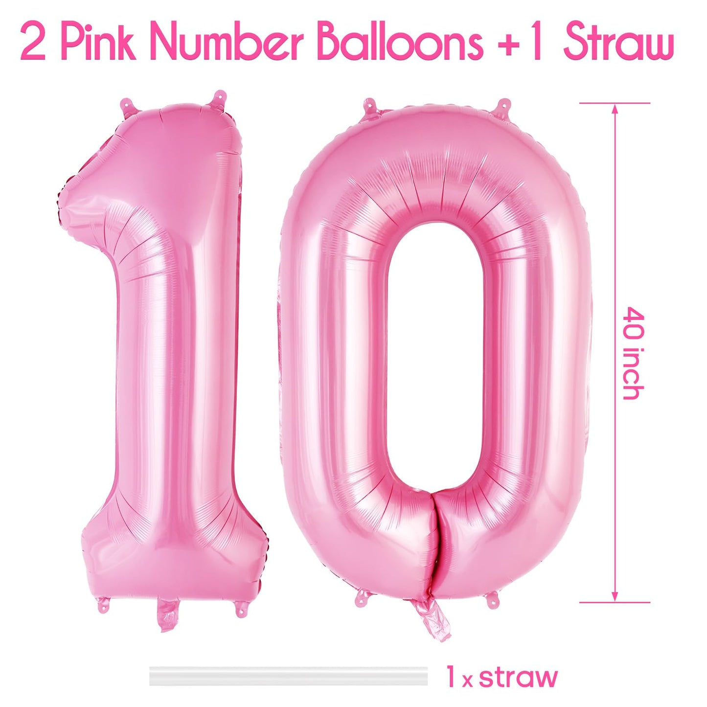 Pink Number 10 Balloon, 40 Inch Big Large Foil Helium Number Balloons, Giant Mylar Number 10 Balloons For 10 Years Old Birthday
