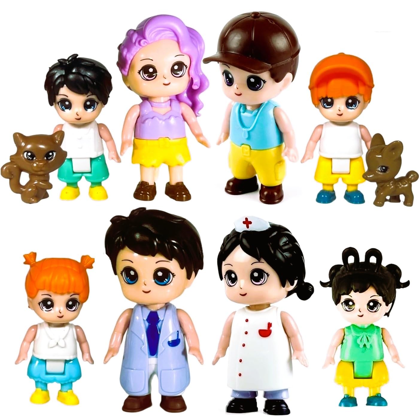 Funerica Dollhouse People Figures Playset - Adorable Dollhouse Family Members With Pets, Doctor, And Nurse. Little People Figures Doll House Accessories Toys