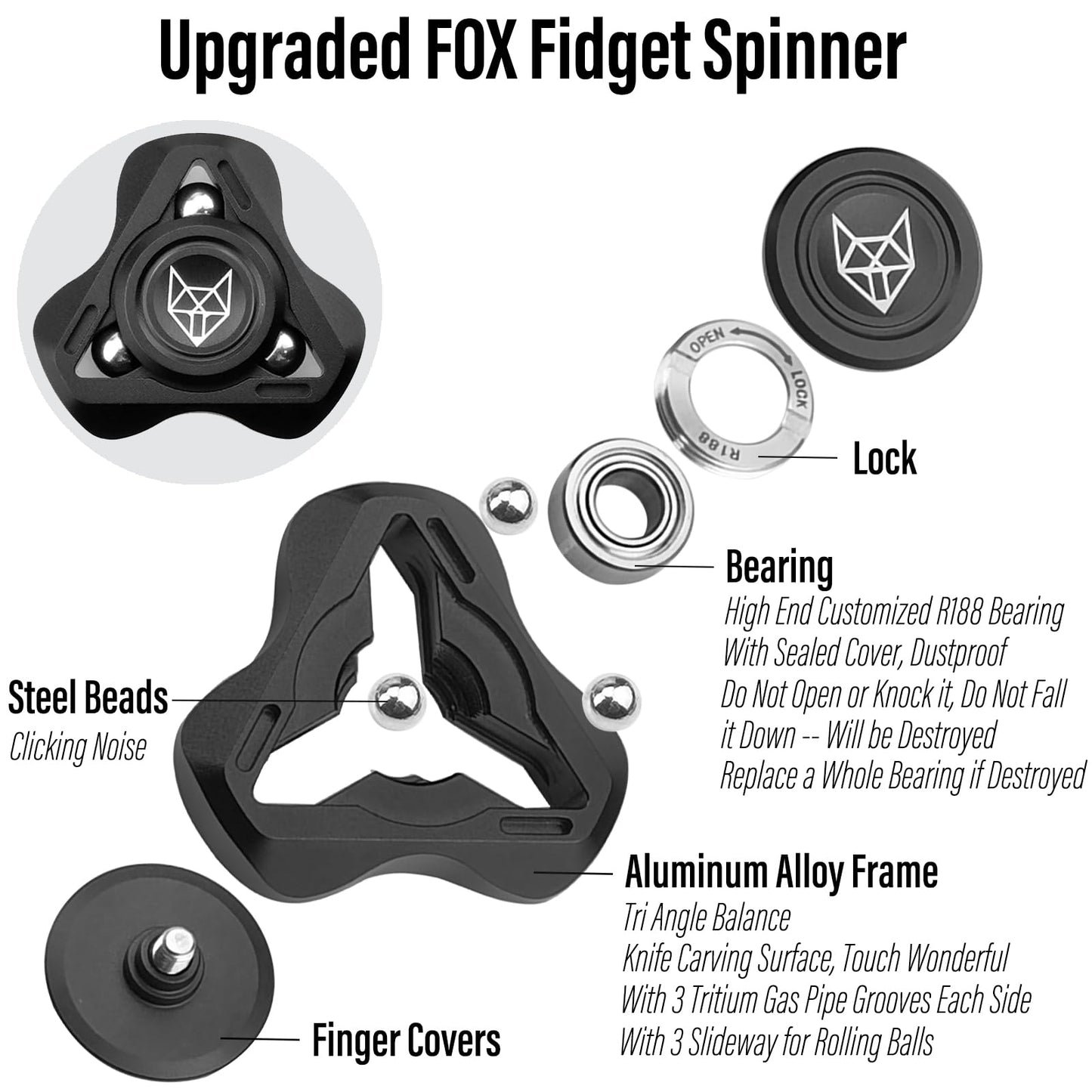 Freelove Upgraded Fox Tri 1.8'' Fidget Spinner with Steel Beads  Luminous Metal Spinners Toys for mature-themeds  enhanced Bearing 2~4 Min  Autism Sensory ADHD Anxiety Focus Meditation  Aluminum Alloy  Black