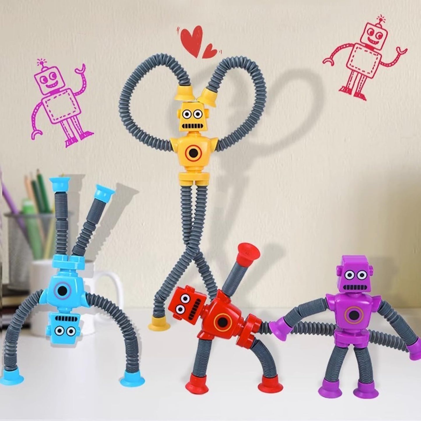 Limpskys Suction Cup Robot Toy, 4 Pack, Medium, Plastic, Multiple Colors, Sensory Toys for Kids Ages 3-7, Autism Friendly
