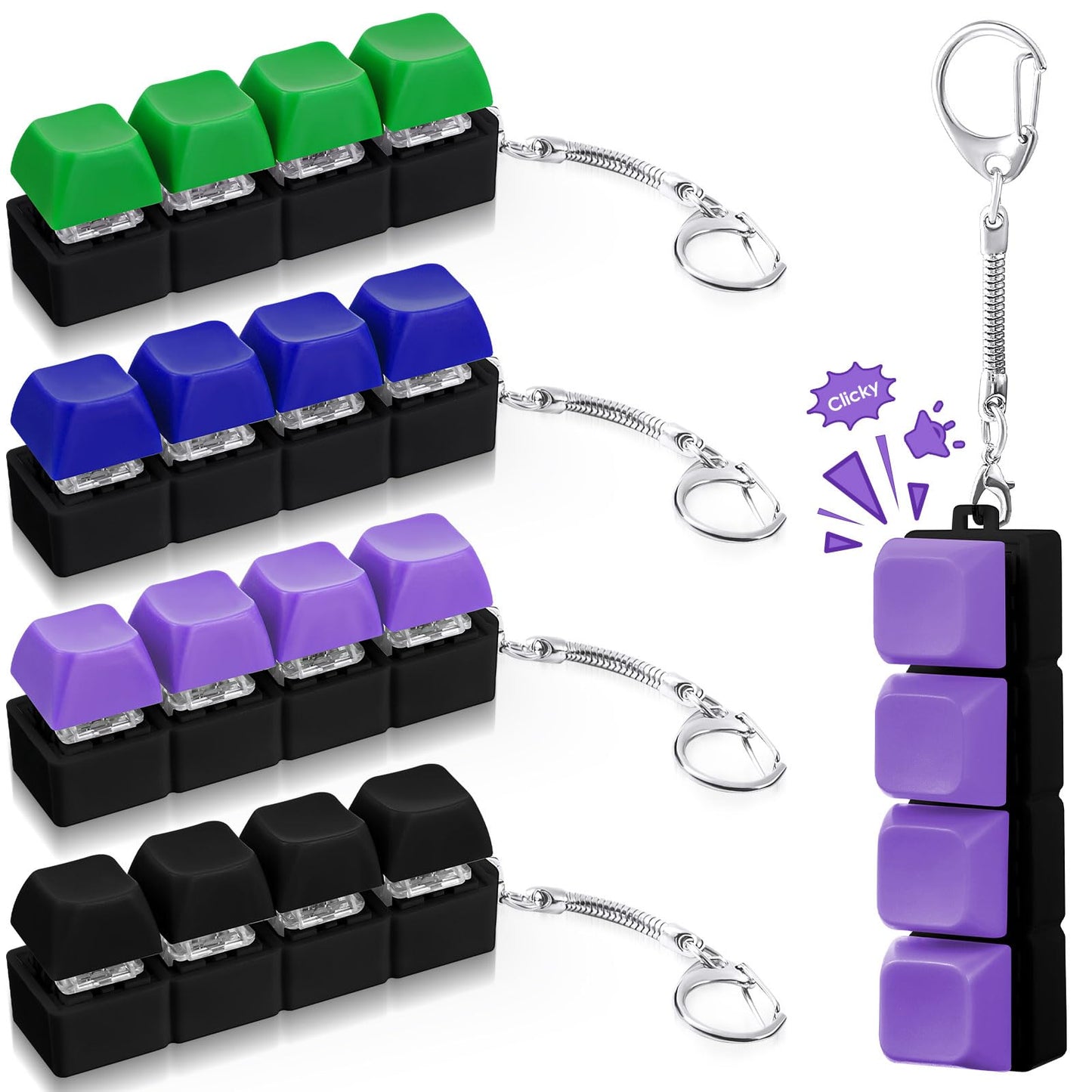 Halloscume 4 Pcs Keyboard mature-themed Fidget Toy Clicker Toy 4-in-1 Keyboard Fidget Keychain Cube Mechanical Key Button Clicker Stress Relief Gift for Office School Home to Pass The Time (Solid Colors)
