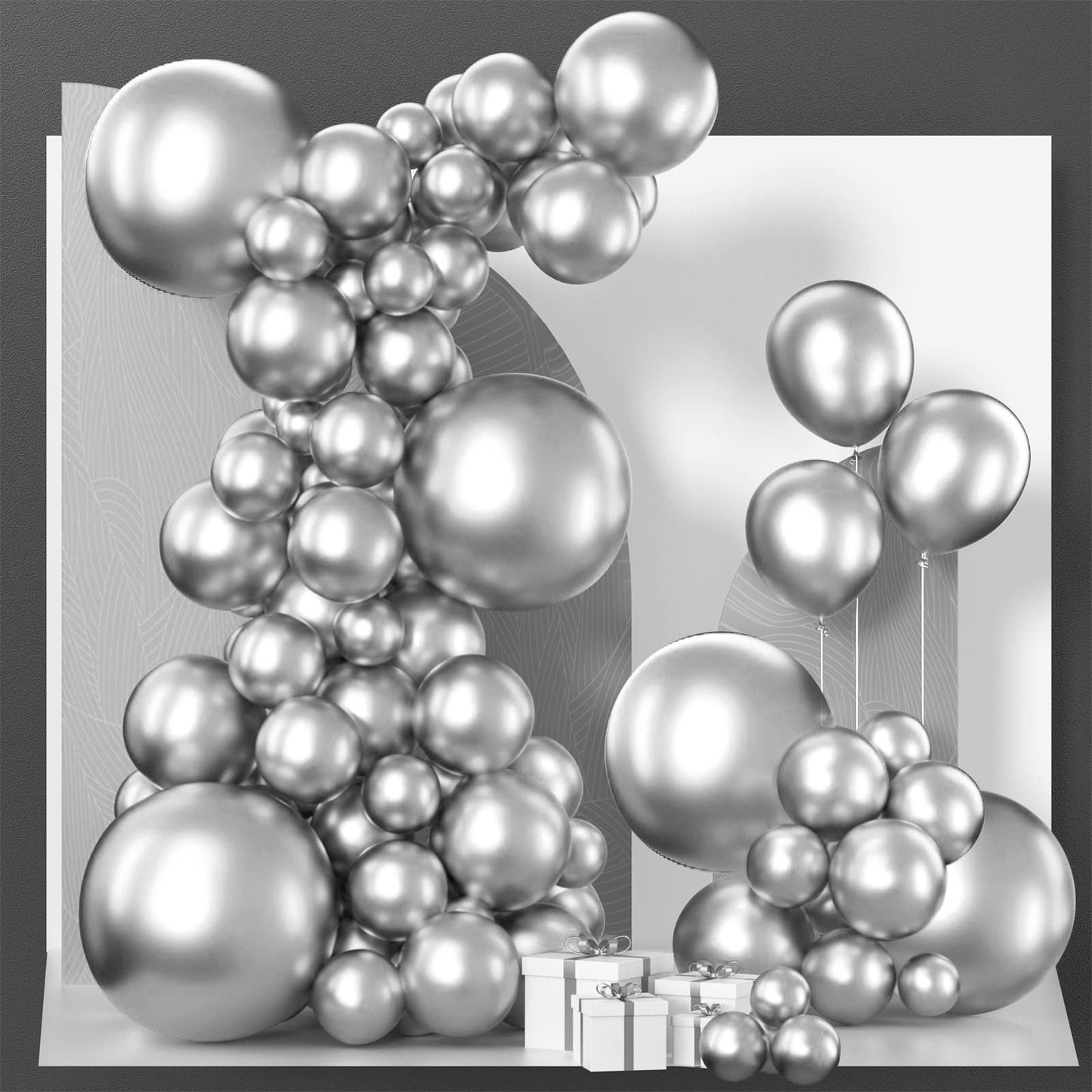 PartyWoo Metallic Silver Balloons - 140 pcs Pack in 18", 12", 10", 5" Sizes, Rubber Material, Perfect for Party Decorations, Silver-G102