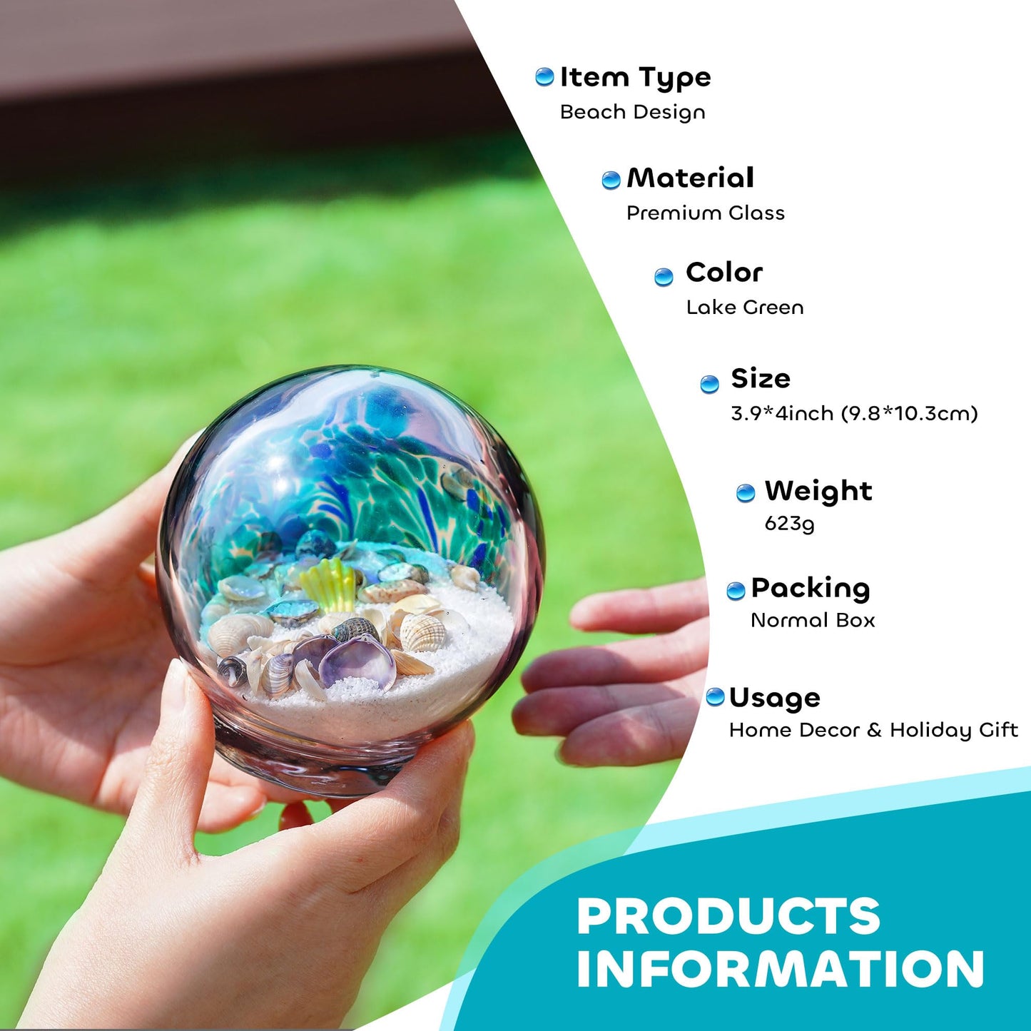 4'' Sea Globe Hand Blown Art Glass Decor Collectible Glass Decorative Balls With Natural Sea Shell And Sand, Lake Green