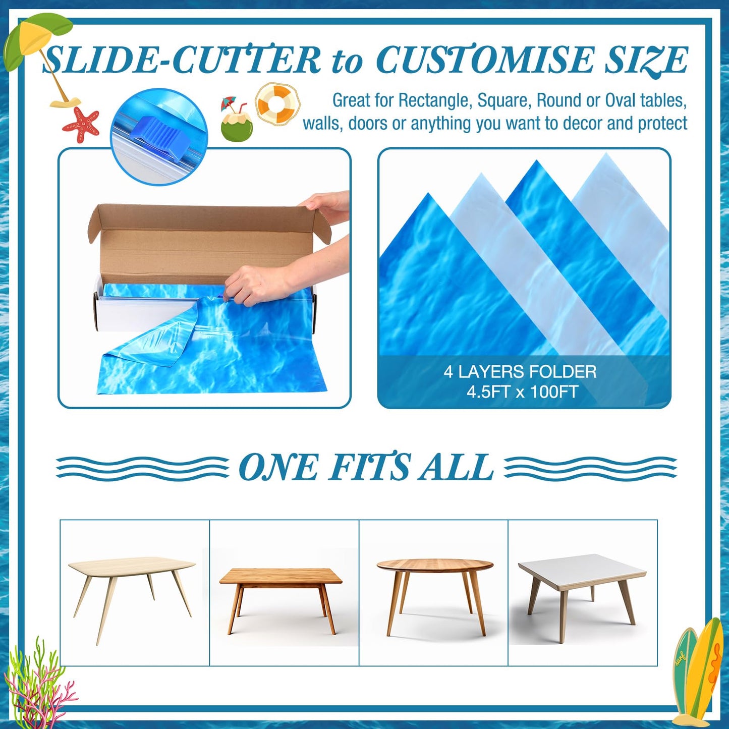 Irenare 1 Roll Ocean Waves Plastic Tablecloth Ocean Table Cover Water Print Table Cover Ocean Sea Tablecloth Blue For Beach Pool Birthday Party Decoration Shower Supplies (54 Inch X 100Ft)