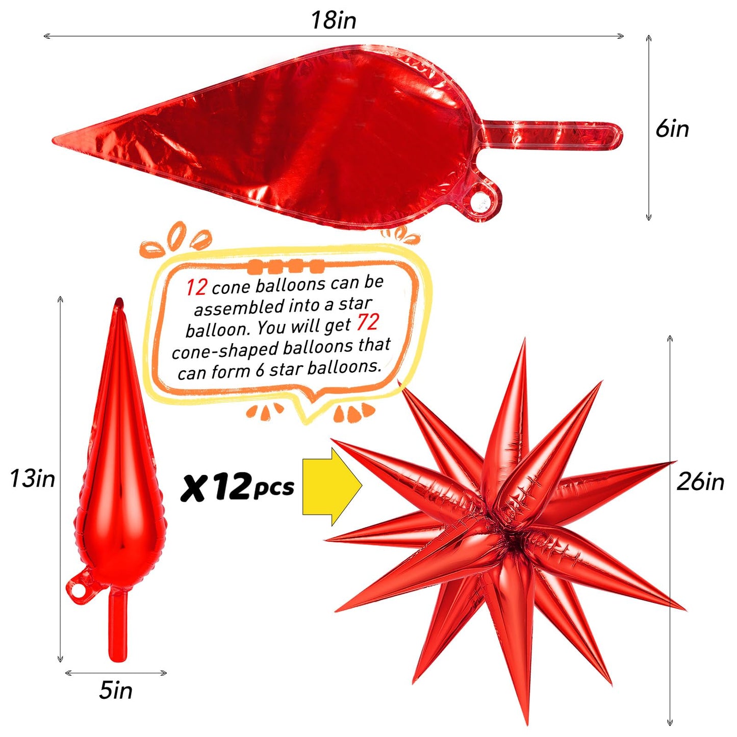 72 Pcs Gold Red Green Star Balloons, Spike Balloons For Christmas Party Supplies, Big 26 Inch Explosion Christmas Star Cone Ball