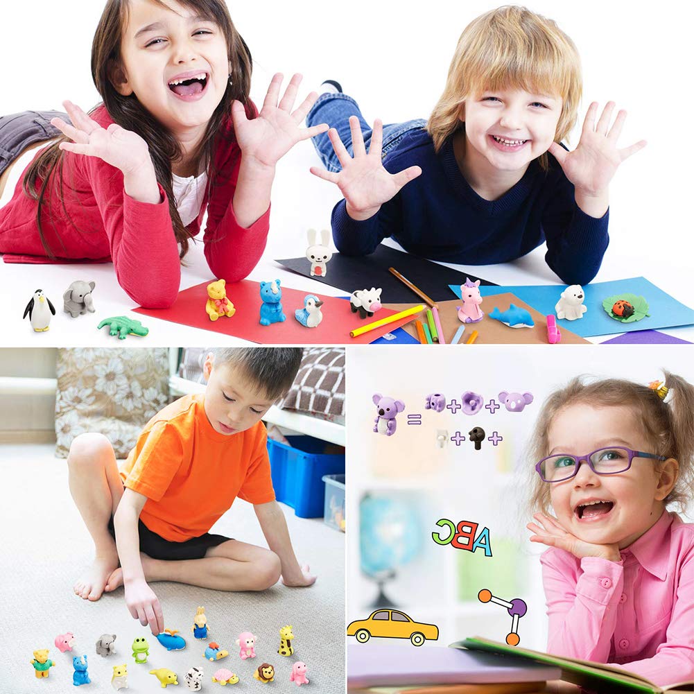 Urskytous 46Pcs Animal Erasers Bulk Pencil Erasers Kids Puzzle Erasers Desk Pet Mini Eraser Toys Eraser Prizes For Party Favors,