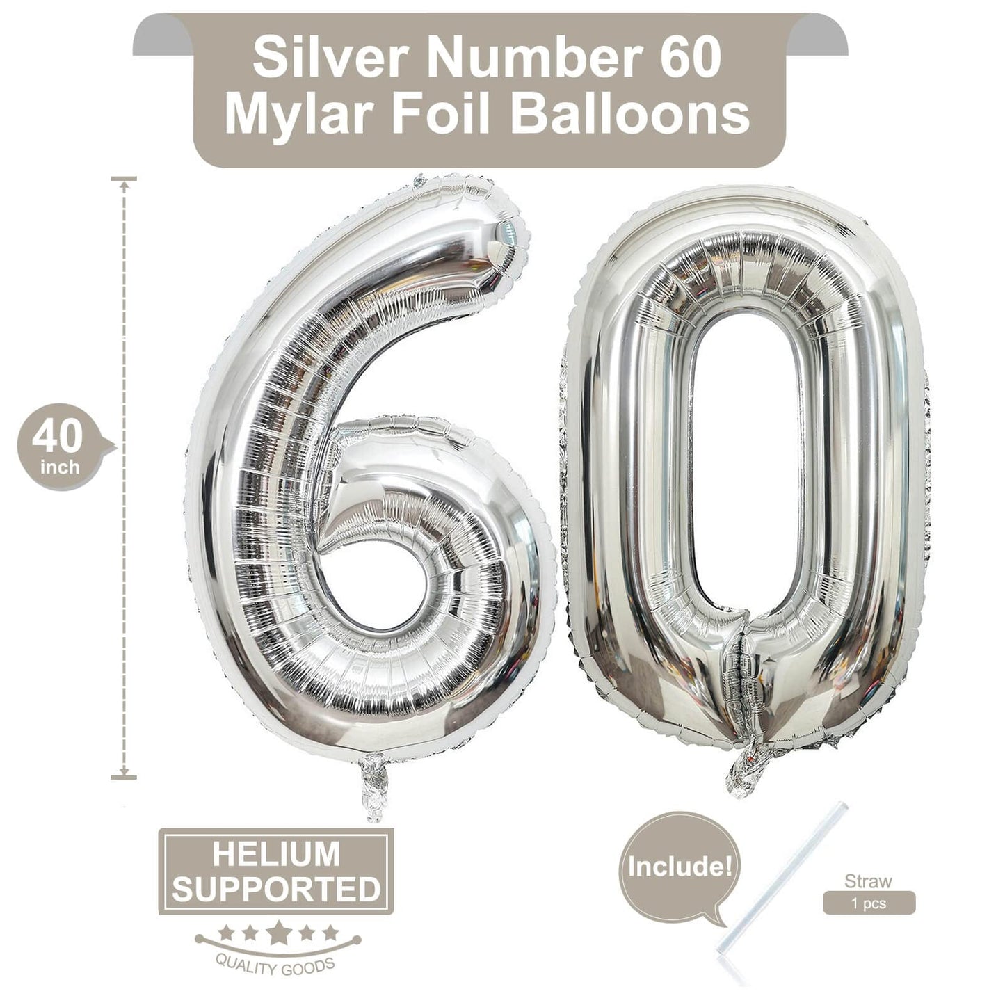 LHOAVWE 40 Inch Silver 60 Foil Mylar Balloons - Jumbo Digital Number 60 for Birthday Party & Anniversary Decorations