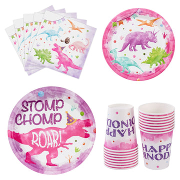 Wernnsai Watercolor Dinosaur Party Tableware Set - 64 Pcs Dinosaur Birthday Party Supplies For Girls Kids Disposable Party Pack Includes Dinner Dessert Cake Plates Napkins Paper Cups Serves 16 Guests