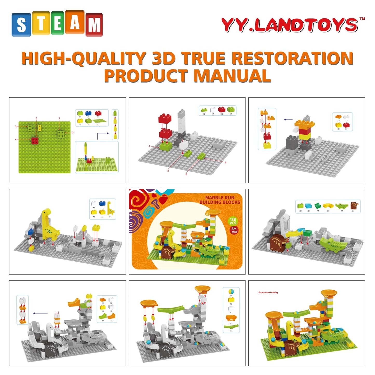 Dinosaur Marble Runs For Kids 4-8 Building Blocks Compatible With Lego Duplos For Age 2-5/138Pcs Classic Big Blocks Marble Run F