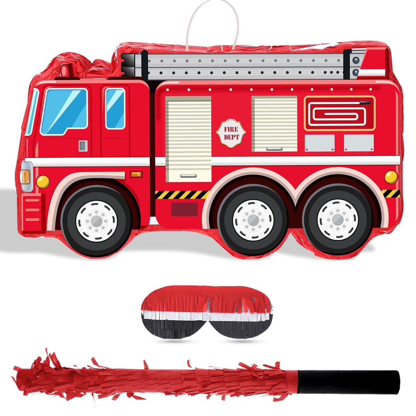 Fire Truck Piata with Hanging Loop Blindfold Bat and Confetti Filler for Kids Boys Firefighter Firetruck Theme Birthday Party De