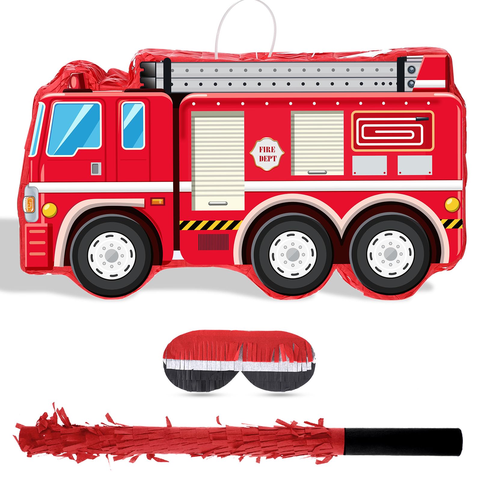 Fire Truck Piata with Hanging Loop Blindfold Bat and Confetti Filler for Kids Boys Firefighter Firetruck Theme Birthday Party De