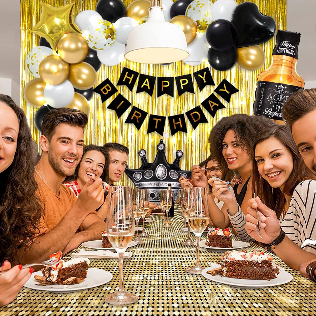 Msmancy Black And Gold Birthday Decorations For Women Men 53Pcs With Happy Birthday Banner Curtains Bottle Crown Heart Star Led