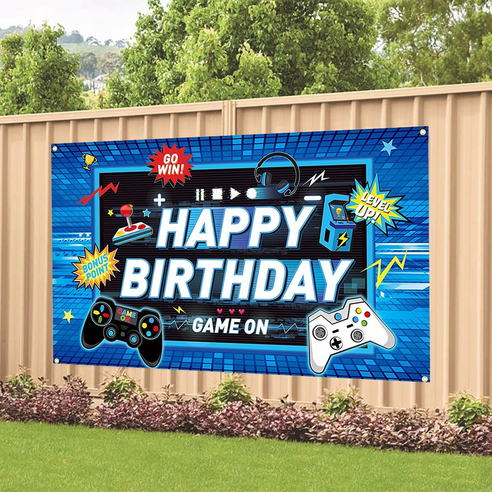 Game Happy Birthday Backdrop Decorations Blue Game Happy Birthday Banner Level Up Gaming Birthday Photo Background For Home Indo