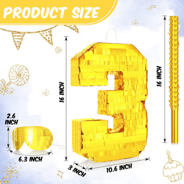 Sratte Number Piñata Birthday Piñata Decorations Gold Foil Piñata With Stick Blindfold Confetti For Boy Girl Birthday Party Decorations Anniversary Celebrations Fiesta Supplies(Number 3)