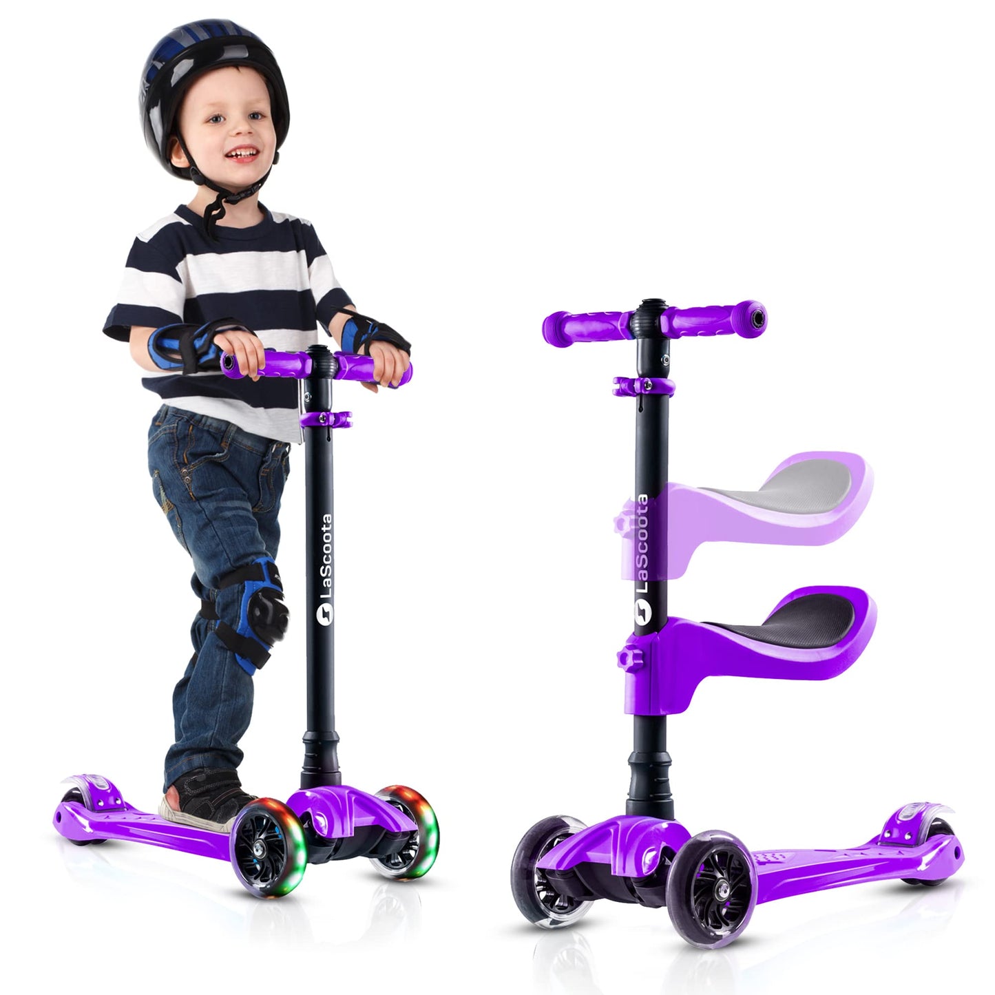 Lascoota 2-In-1 Kids Kick Scooter, Adjustable Height Handlebars And Removable Seat, 3 Led Lighted Wheels And Anti-Slip Deck, For